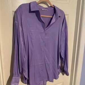 Purple Button-Up Shirt Satin Dressy Business Casual
